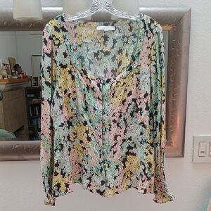 Floral Design Buttoned Blouse with Long Sleeves